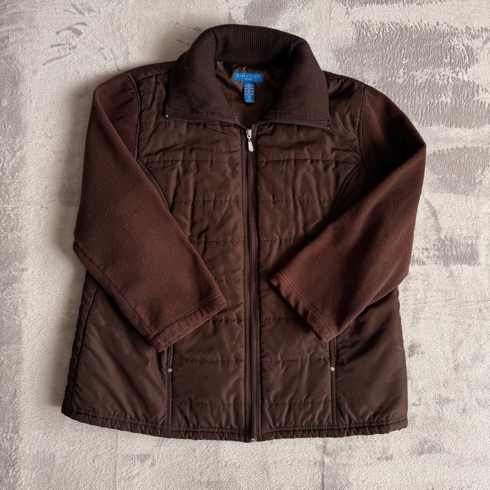 Karen Scott Sport Womens XL Brown Quilted Puffer Fleece Mixed Media Jacket Zip